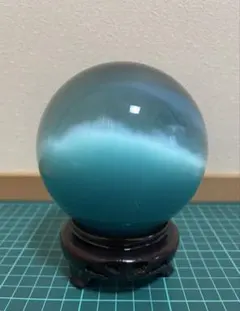 大型 ガラス球 水晶玉風 青緑 直径約10cm 台座付き オブジェ　天然石風