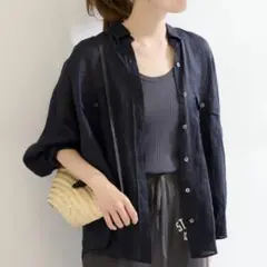 ナノユニバース Anti Smell リネン 麻 ベーシックワイドシャツ 黒 