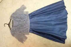 AIMER ネイビーブルー レース サテン フレアドレス