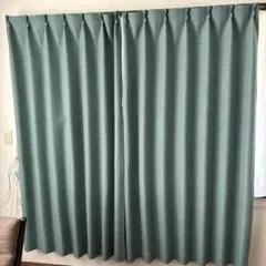 グリーン プリーツデザイン 遮熱遮光防災ドレープカーテン 幅100×縦190×2