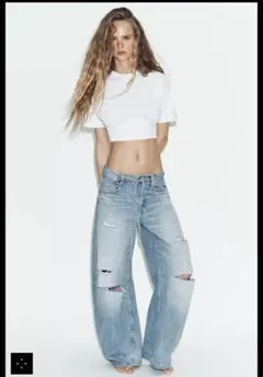 完売品⭐︎ZARA TRF ダメージ加工ミッドライズバギージーンズ 32
