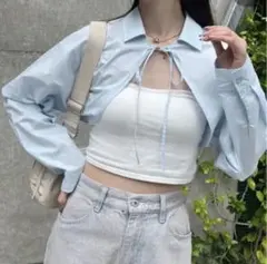 ライトブルー クロップドシャツ リボン付き ナイスクラップ　ボレロ