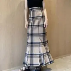 SNIDEL ハイウエストタイトヘムフレアチェックスカート ベージュ S