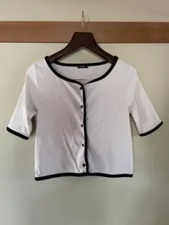 リブ編み半袖Tシャツ ホワイト ブラックトリム