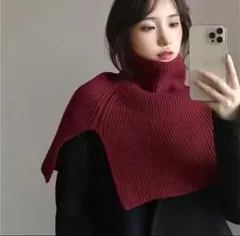 リブ編み　タートルネック ワインレッド　スヌード　ポンチョ　1219