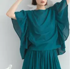 ストライプドビー ハシゴレース&ピンタック フリルブラウス / ブルーグリーン