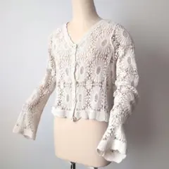 ESTACOT 透かし編み 花柄レース コットン カーディガン アイボリー Lのサムネイル