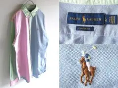 ラルフローレン ロゴ刺繍 クレイジー切替 オックスフォードBDシャツ L