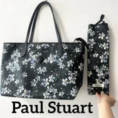 paulstuart トートバッグ　花柄　ブラック　折り畳み傘入れ 2点セット