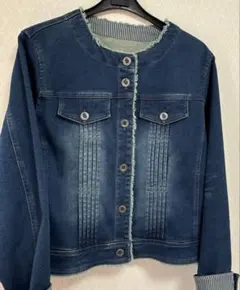 ダークブルー デニムジャケット フリンジ加工　伸縮性あり