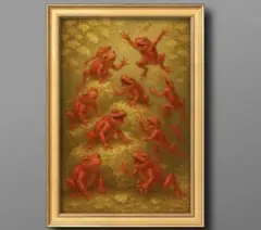 金運躍動と福を呼ぶ紅のカエルたち　開運グラフィック　額縁付き