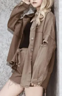 ANAP ベージュ ダメージ加工 カジュアルシャツ　セットアップ