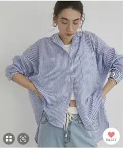 ANGIE シアー オーバーサイズ バンドカラー シャツ / ストライプ ブルー