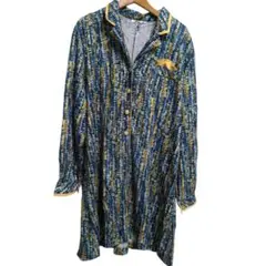 ​【個性派】総柄 襟付き チュニック ワンピース レトロ 飾りポケット イエロー