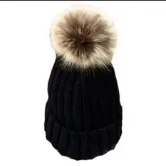 ファー付 ニット帽 帽子 リブニット ポンポン 秋冬 防寒 レディース