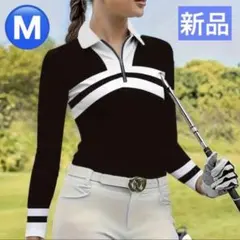 【新品/Mサイズ】レディース ゴルフウェア 長袖 ポロシャツ ブラック×ホワイト