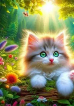 幻想的な猫と花の風景の絵画