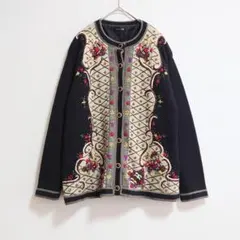 b 昭和レトロ カーディガン 花柄 刺繍 モチーフ ビジュー ヴィンテージ 黒