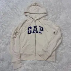 gap ジップ　アップ　パーカー　ボア　センター　ロゴ　チェック　もこもこ　S