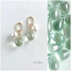 331｜ グリーン ラスター しずく ガラス パール ピアス イヤリング 小ぶり