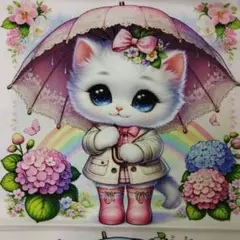 白猫ちゃん　雨降り　紫陽花　ルンルン　パネル生地６枚