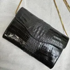 クロコダイル ショルダーバッグ ブラック 黒 シャイニング仕上 