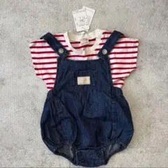 【新品未使用】petit main デニムロンパース　ボーダーTシャツ 80