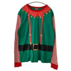 エルフ コスプレ ボーダー ロンティー Tシャツ 緑赤 クリスマス サンタ