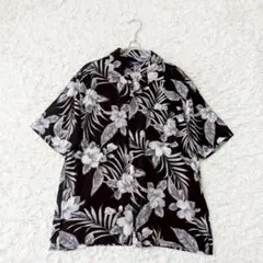 NAVY【大きいサイズ／XL】ハイビスカス柄アロハシャツ 黒 レーヨン 夏服のサムネイル