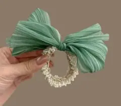 ストライプリボンとパールのヘアゴム ~~031