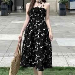 shein 花柄 キャミワンピース ロング丈 ブラック