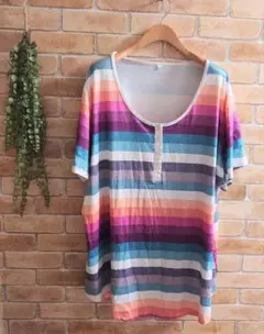 半袖　Tシャツ　シャツ　4XLサイズ　カラフル　ボタン付き　ストライプ