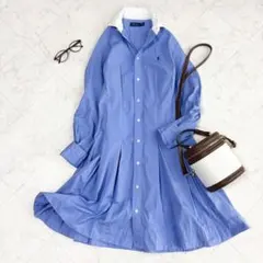 【ラルフローレン】シャツワンピース　長袖　膝丈　フレア　白襟　ポニー刺繍　青　M