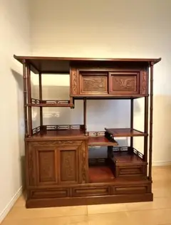 【唐木家具】花梨 茶棚 飾り棚 違い棚 透かし彫り 高級銘木 茶箪笥 カリン材