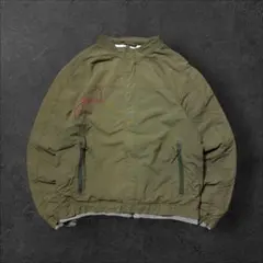 ウォームアップジャケットLカーキ裏地フリースグレー重ね着風サーフ波モチーフ刺繍