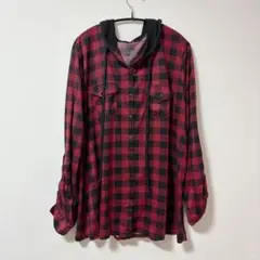 フード付き赤黒チェックシャツ カジュアル レッド ブラック ギンガムチェック