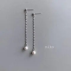 213｜ シルバー デザイン チェーン パール ピアス イヤリング アクセサリー