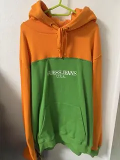 GUESS パーカー オレンジ グリーン L