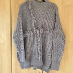 フリンジ付きケーブルニット長袖 ラベンダー