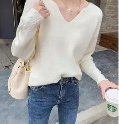 ニット セーター トップス プルオーバー 袖ボタン 長袖 vネック 細身
