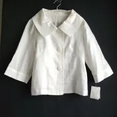 新品 タグ付き【mfk2t】オフホワイト 大きな襟の麻ジャケット 七分袖 M