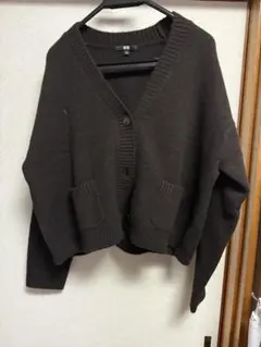 ユニクロ スフレヤーンショートカーディガン L ダークブラウン