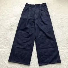 【GU】ジーユー デニムタックトラウザー (L) 濃紺 ワイドパンツ