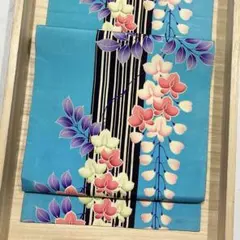 鮮やかな青地に藤柄の昼夜帯◇アンティーク名古屋帯 縦縞 源如 黒繻子 大正ロマン