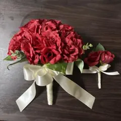 ウエディングブーケ&ブートニア　赤いバラ　造花