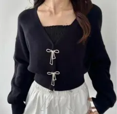 美品【OLIVE des OLIVE】 リボンビジューカーディガン ブラック