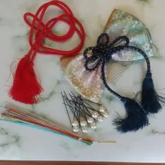 和装用髪飾りセット(コーム付リボン、水引かんざし、紅組紐、パール付Uピン)