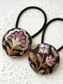 【No.272】インド刺繍 くるみボタン38㎜ ヘアゴム 2個セット 現品限り