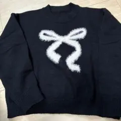 Dazyブラック ホワイト リボンモチーフ 長袖ニット