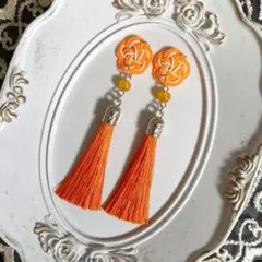 No.6302 水引 ピアス タッセル オレンジ 和 耳飾り 着物 全長約9cm